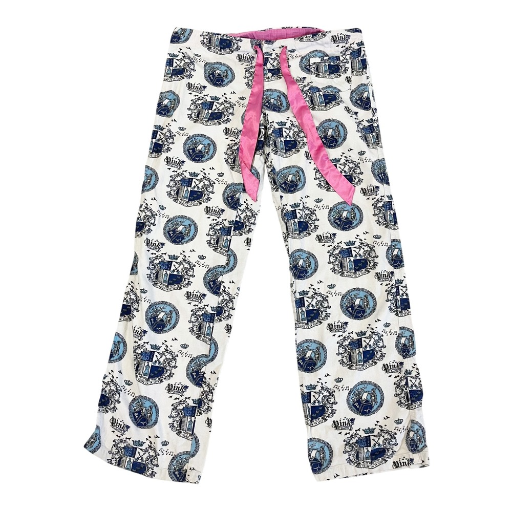 Vintage VS PINK Y2K Crest Print Pajama Pants Blue White Preppy Collegiate Sz XS